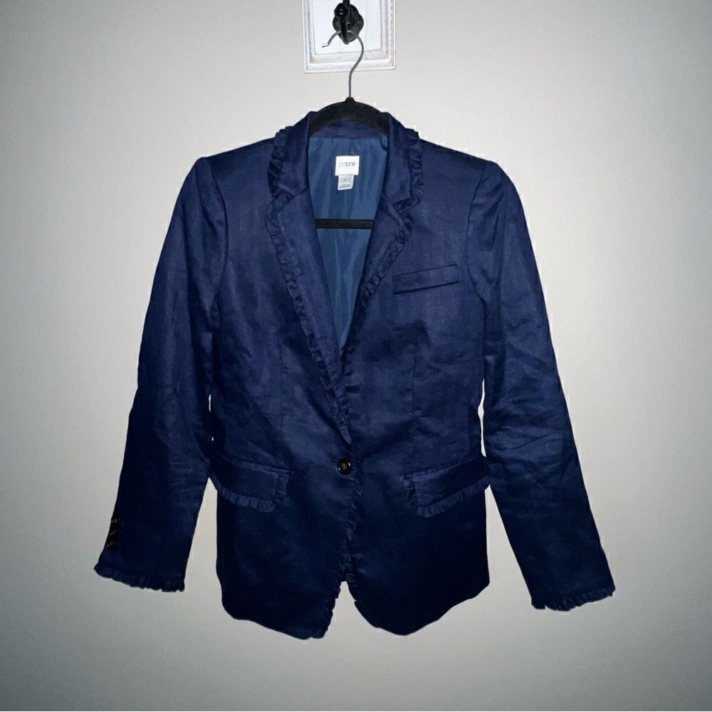 J Crew Blue Linen Ruffle Blazer - Sz 0